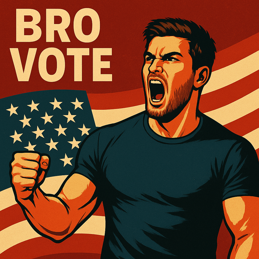 Young passionate man in front of an American flag and the text 'Bro Vote'