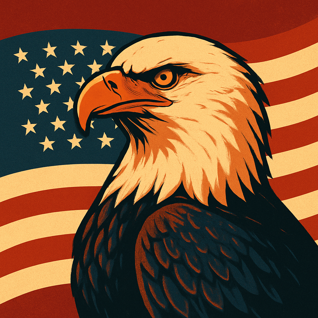 American eagle against a red background and American flag.